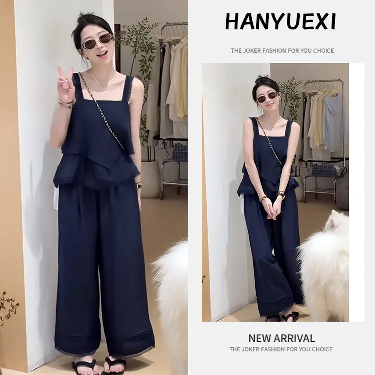 夏季时尚一整套女装2025新款韩版无袖荷叶边上衣阔腿休闲裤两件套