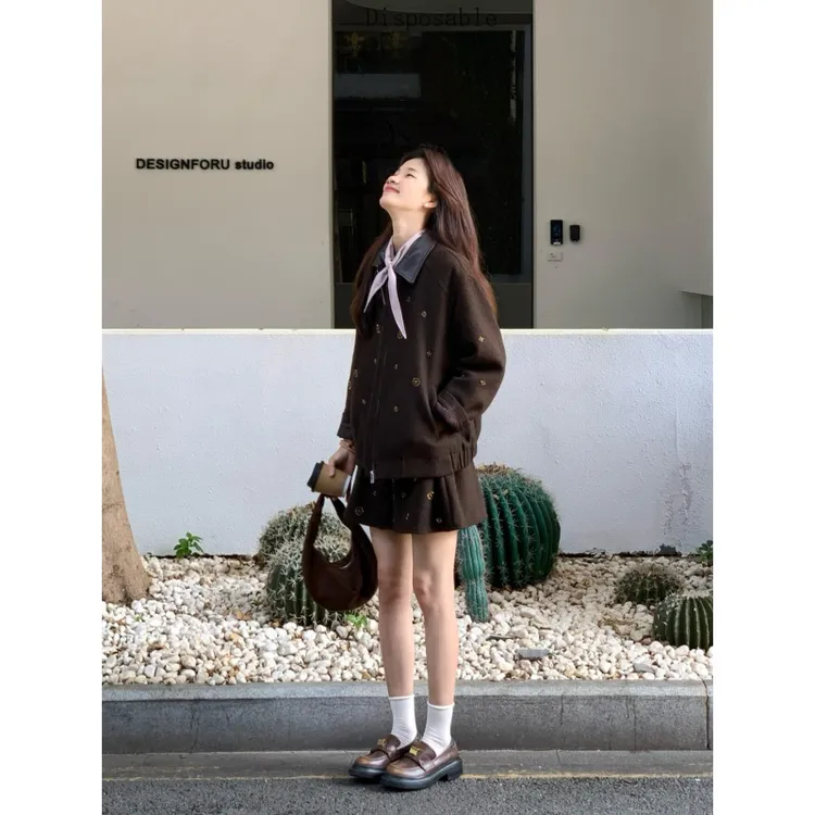 MARIE.COCO秋冬新款美拉德拼接款长袖夹克外套内搭衬衫刺绣半身裙