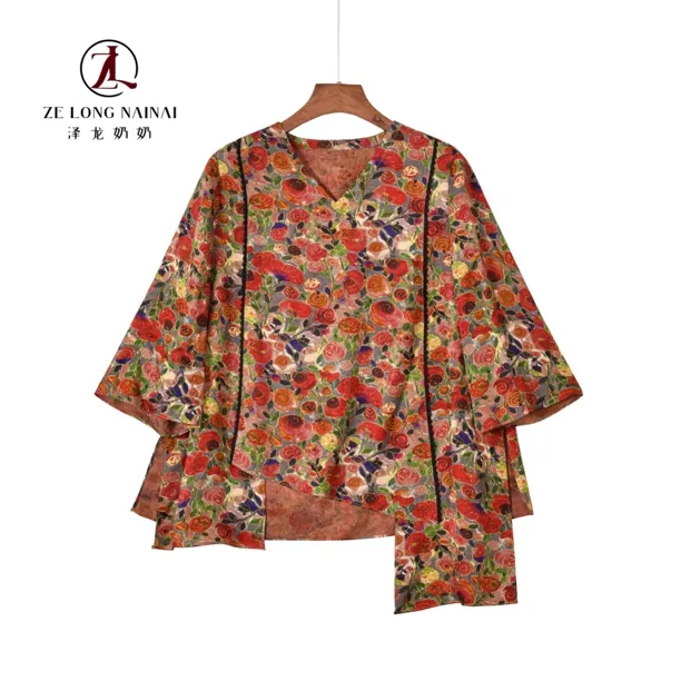 2592-1抽象玫瑰V领不规则人丝花萝上衣新中式复古国风