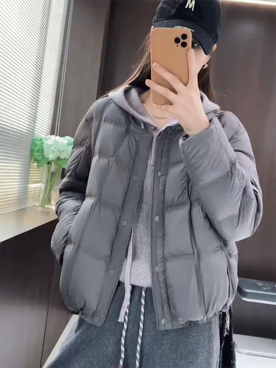 方块圆领白鸭绒羽绒服女短款2025冬季新款韩系小个子轻薄保暖外套