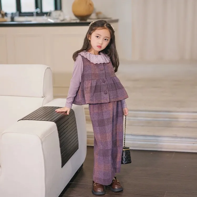 女童春款洋气格子套装2025新款儿童休闲春装中大童背心马甲三件套