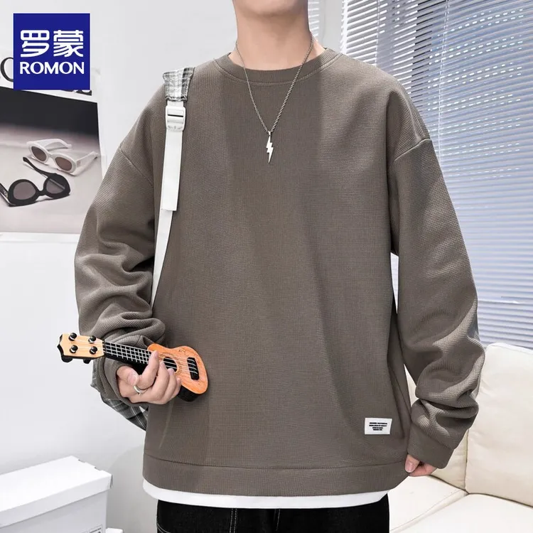 罗蒙休闲圆领卫衣男款爆款2025新款潮牌时尚宽松假两件上衣服男