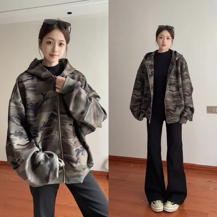 美式hiphop迷彩连帽拉链卫衣开衫男秋季高街潮牌重磅休闲夹克外套