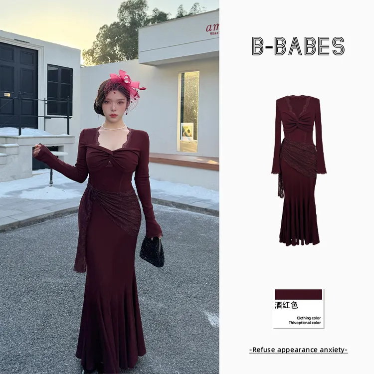 B-babes【暗玫缠纱】大码加绒设计款纯欲真鱼骨显瘦收腰包臀鱼尾裙