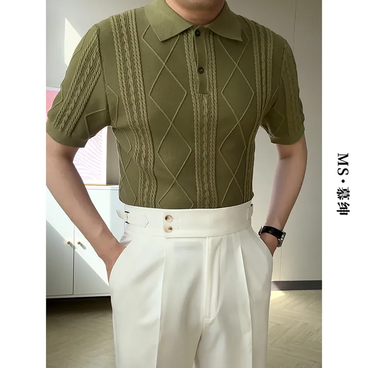 慕绅夏季天丝针织复古绞花短袖Polo衫男轻薄透气翻领半袖棉质t恤