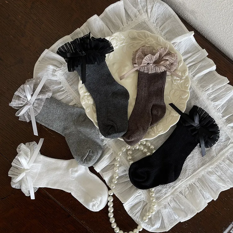 日系新品可可花边蝴蝶结可爱女儿童宝宝学生脚跟短袜女