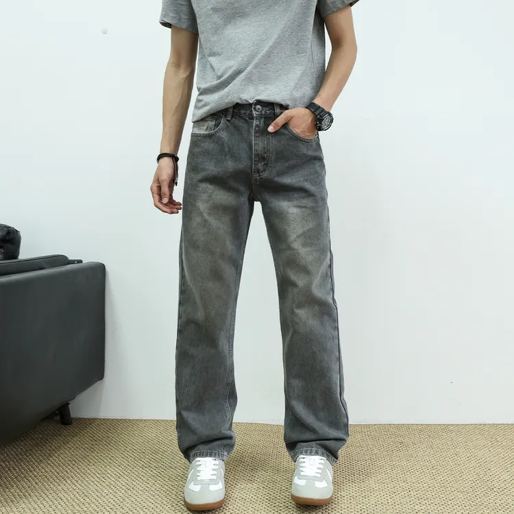 2025秋季美式高街复古水洗黑灰休闲百搭长裤男黑色直筒修身牛仔裤