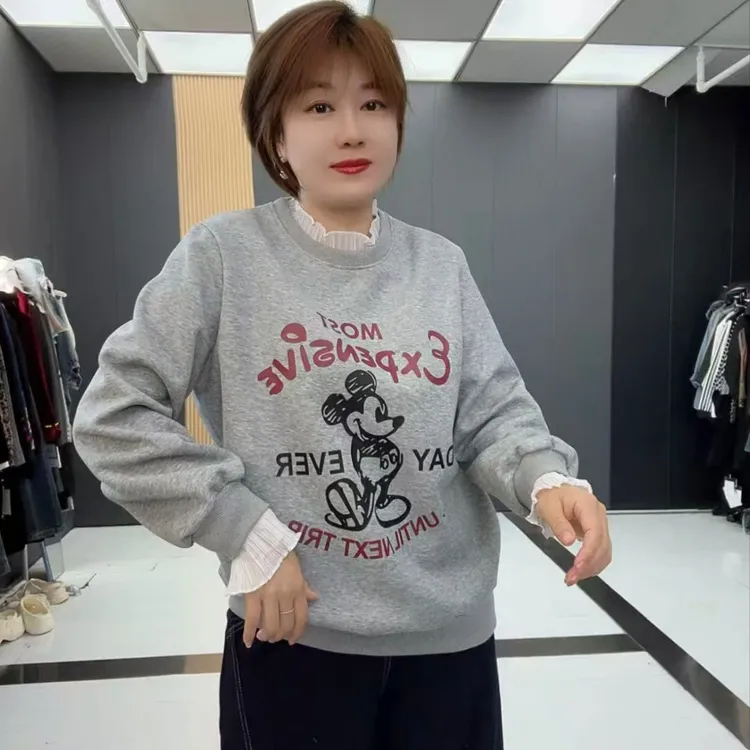 大码女装秋季新款韩版花边领卡通休闲减龄卫衣8012