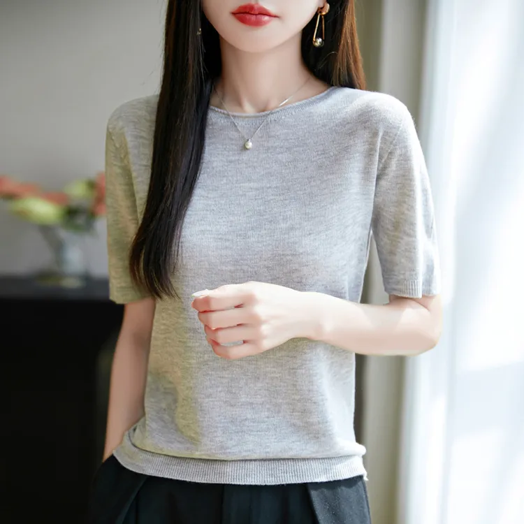 2025年夏季纺醋酸莱赛尔卷边圆领短袖女打底衫显瘦