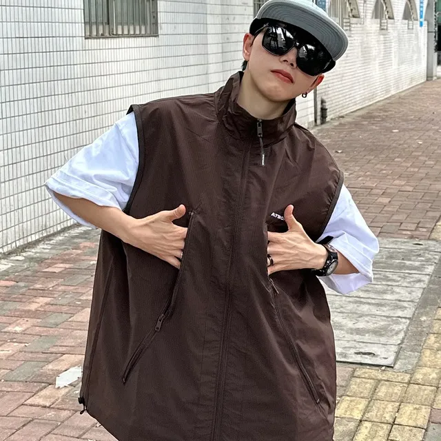 XBRO美式休闲立领工装拉链口袋刺绣露营户外可收下摆坎肩马甲男女