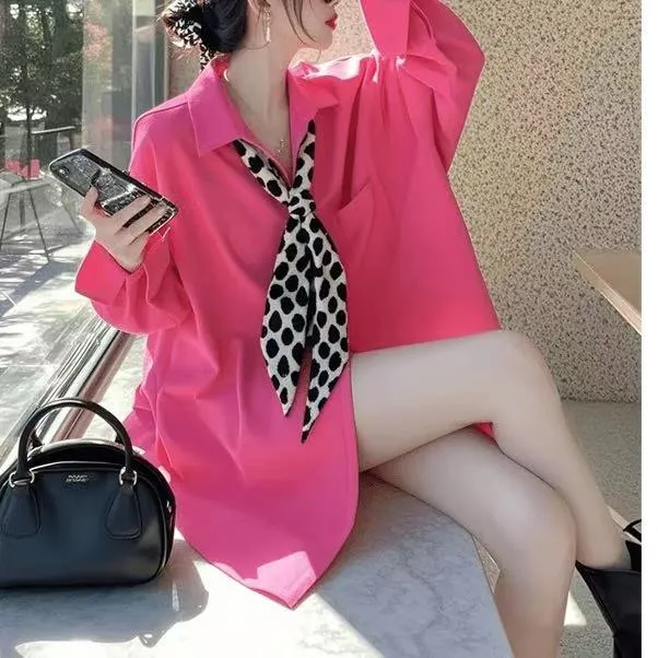 2025年新款小衫独特超洋气时髦设计感玫粉色衬衫搭领结长袖上衣