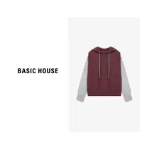 Basic House/百家好条纹连帽针织拼接休闲百搭毛衣-B0625B5JHZ2
