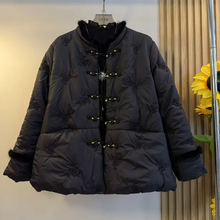 冬季新款新中式保暖中国风外套大码女装胖妹妹短款棉服复古貂毛