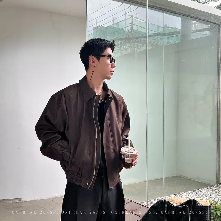 OXFREAK「哑光蜡面 活页拉链」咖色哈灵顿夹克男短款宽松飞行外套