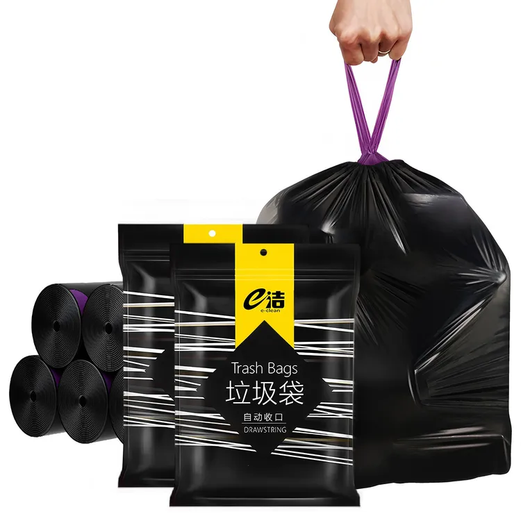 e洁垃圾袋手提式加厚加大家用厨房黑色特厚一次性免撕抽绳塑料袋