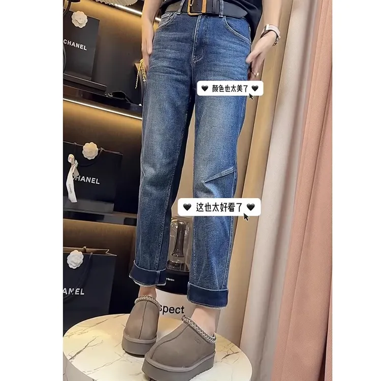 大码翻边直筒牛仔裤女胖妹妹mm春季新款小个子高腰显瘦九分烟管裤