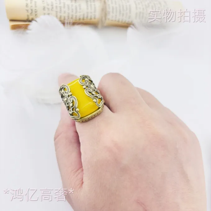 铜合金石英石戒指 铜合金欧美尾单中古镂空方形黄色戒指