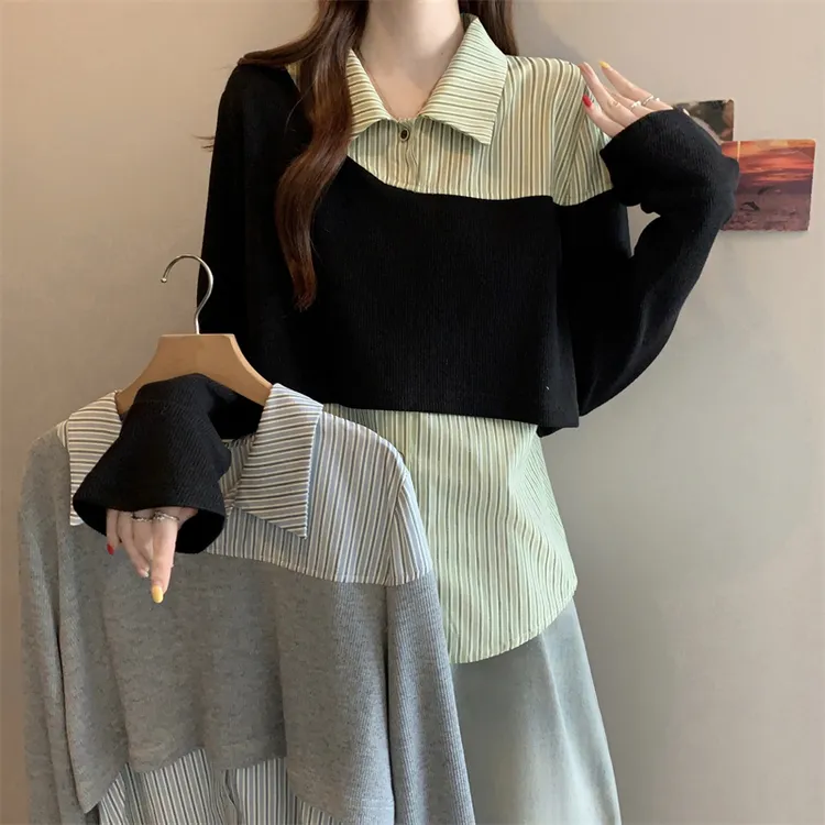 新品条纹衬衫女士春秋2025年新款洋气别致时尚假两件上衣小衫长袖