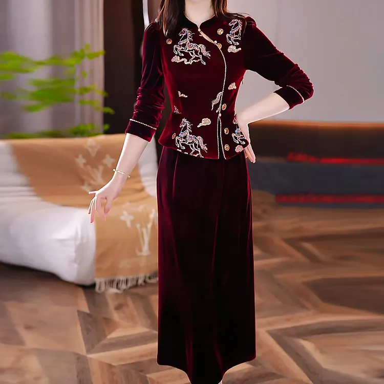 女装连衣裙金丝绒时尚加厚2025秋冬新款喜婆婆气质修身中长款裙子