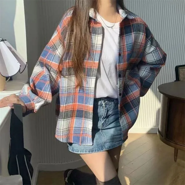 磨毛加厚外套秋冬季百女宽松中长款毛呢新款港味潮搭衬衣格子衬衫
