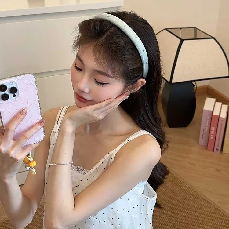 韩国进口气质珠光布艺窄边高颅顶头箍发卡百搭简约水钻外出发箍女