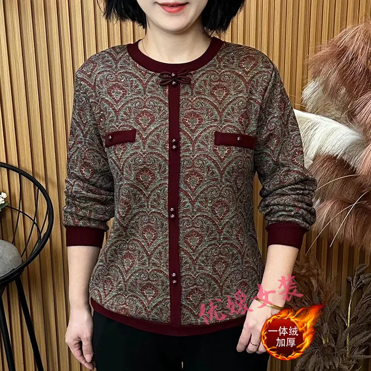 中老年女装冬季加绒圆领蝴蝶结保暖显瘦百搭洋气妈妈装长袖上衣
