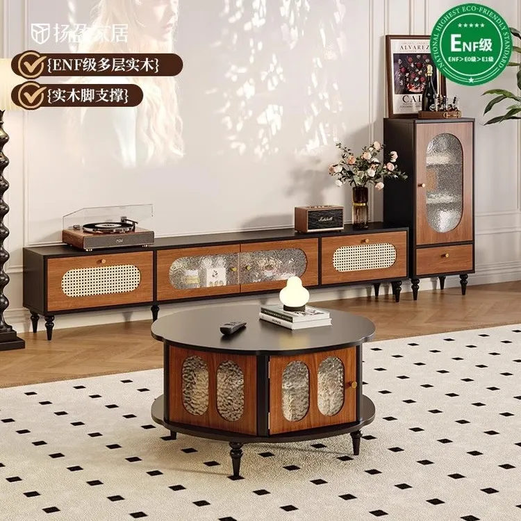 新疆西藏包邮中古风电视柜实木藤编客厅落地柜2024新款小户型茶几