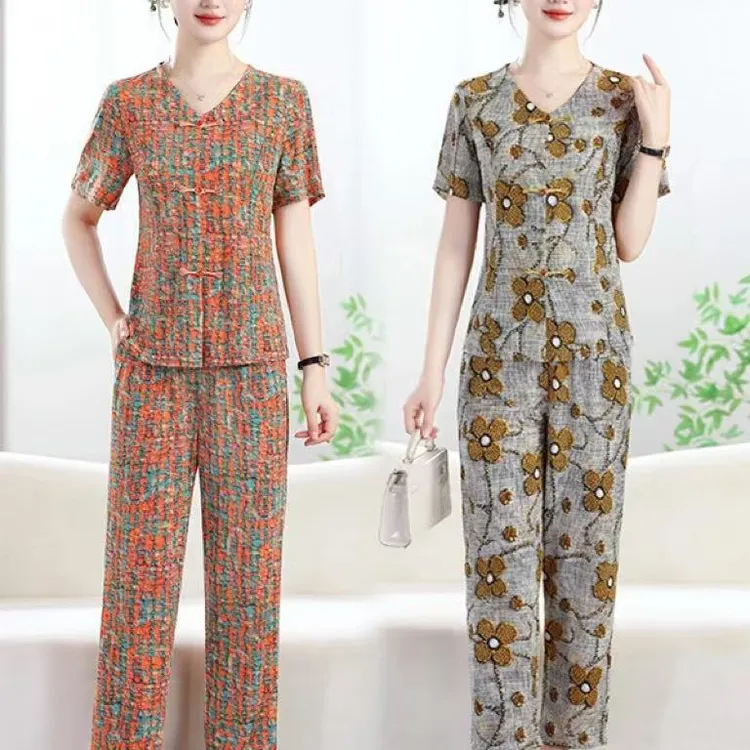 夏季新款妈妈装国风盘扣套装V领花色短袖上衣+裤子