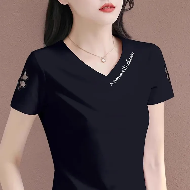 黑色短袖女t恤2025新款爆款夏季正肩v领上衣时尚洋气半袖修身体恤