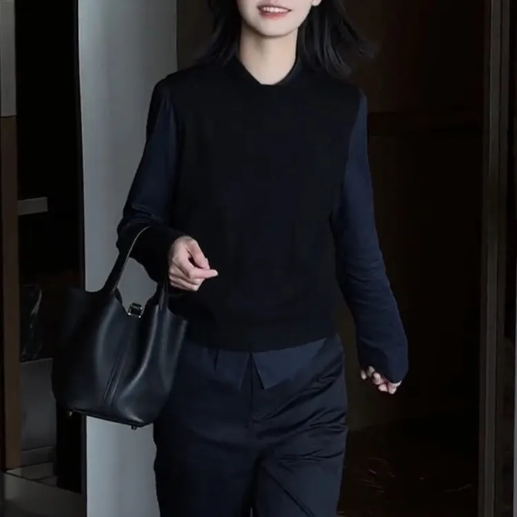 学院风套装春季新款时尚休闲藏青色长袖翻领衬衫无袖针织马甲