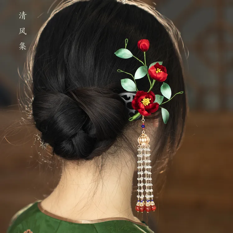 清风集原创非遗绒花发簪红色山茶花檀木簪子