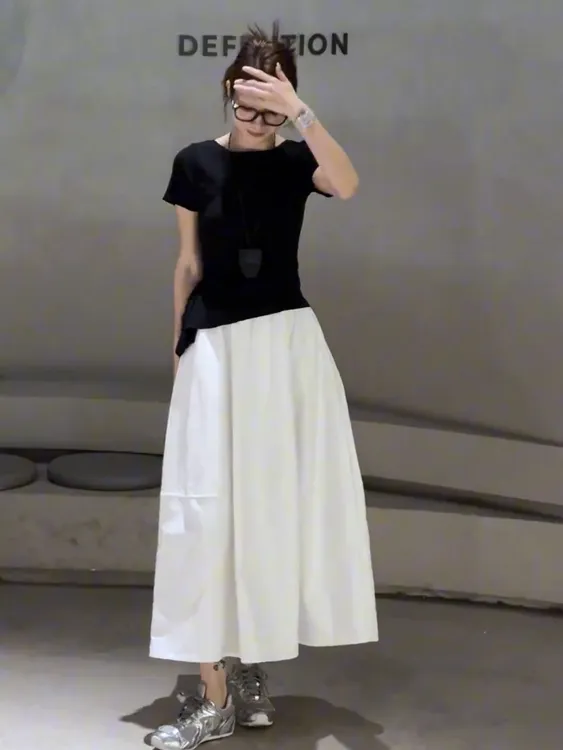 春夏时尚净版百搭修身短袖中长半身摆裙遮胯显瘦套装