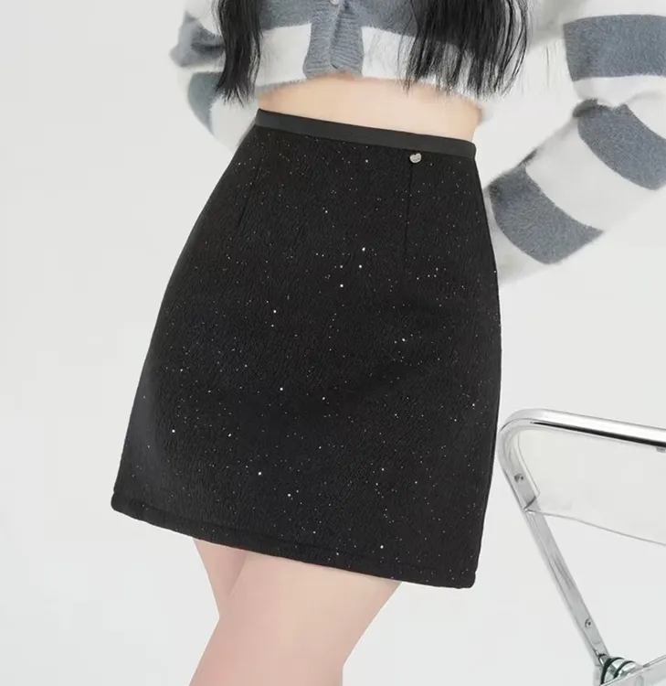 大码亮片半身裙女秋冬季胖MM精致闪闪星空毛呢包臀高腰a字短裙子