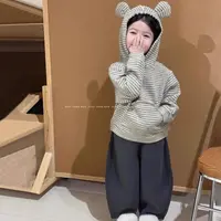 韩国童装加绒条纹休闲套装男女童宝宝洋气秋冬洋气带帽卫衣秋装潮