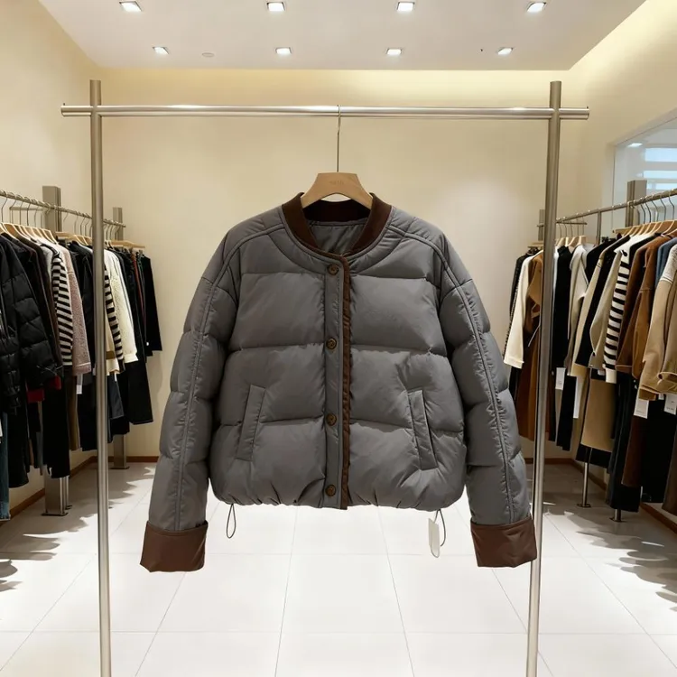 短款外套圆领灰色棉服外套女2025秋冬季小个子时尚简约百搭棉衣