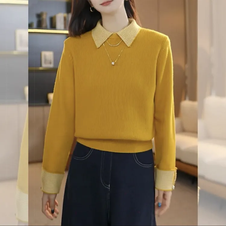 保暖秋冬新款简约风百搭假两件翻领毛衣针织衫打底小衫