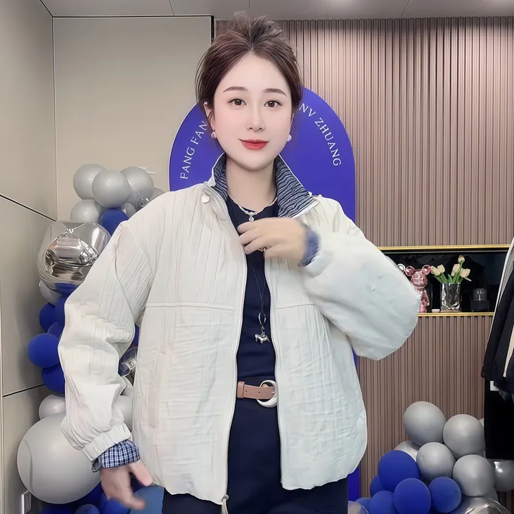 2025简约风纯色短款格子立领拼接棉衣棉服条纹网红女装爆款