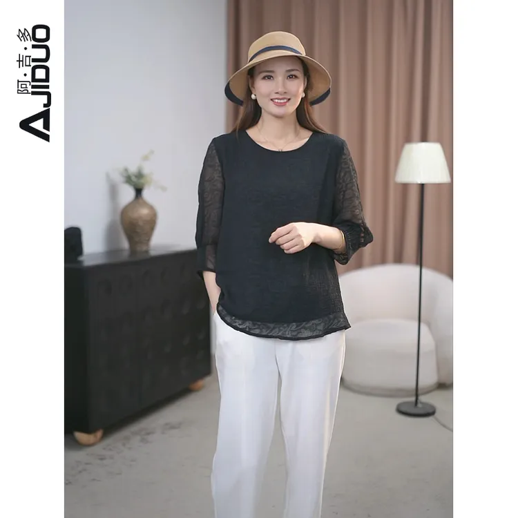 阿吉多轻薄透气七分袖黑色T恤女2025夏季新款减龄妈妈装大码上衣