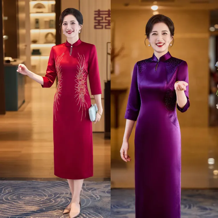 2025冬加厚【正品苏绣】旗袍进口三醋酸修身瘦喜妈妈婆婆婚宴礼服L