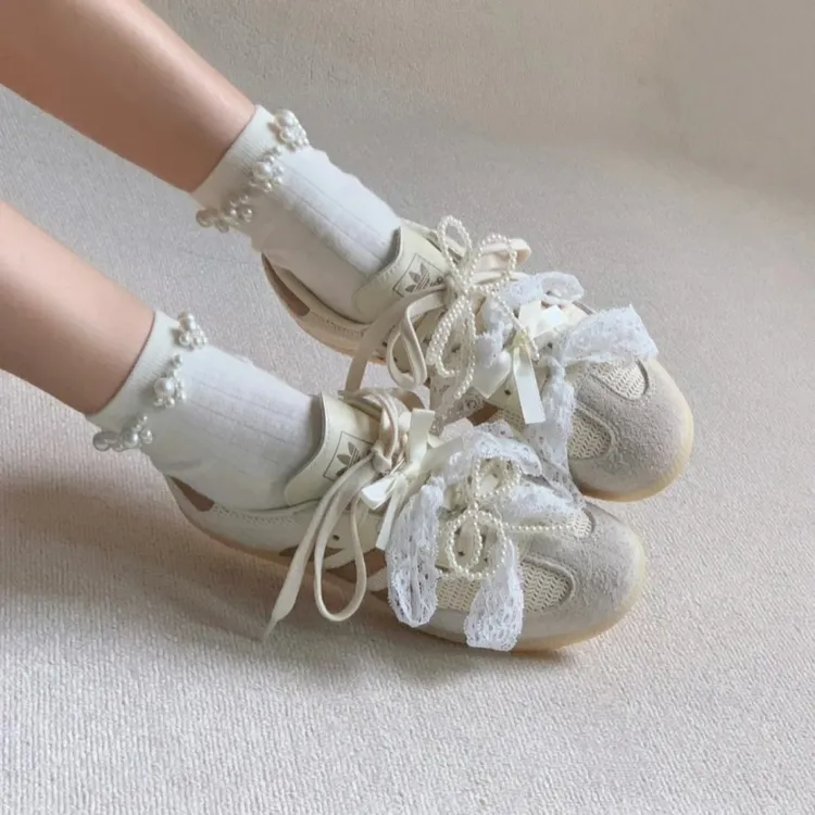 蕾丝鞋带芭蕾风女款德训鞋samba白色丝带婚鞋装饰diy可拆卸珍珠扣