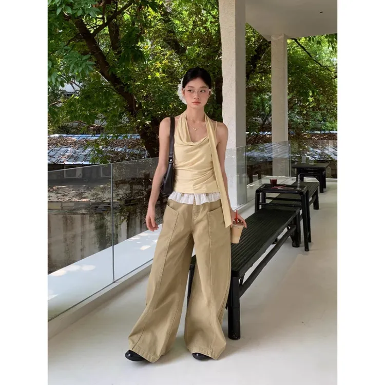 【运补6】不规则挂脖甜辣气质鹅黄色背心蕾丝拼接腰头宽松休闲裤女