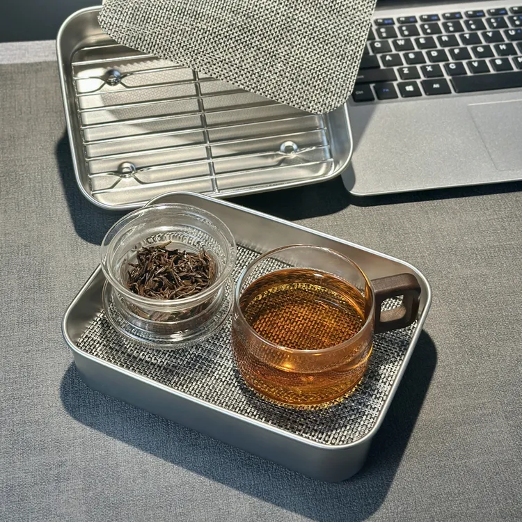 【工位小茶盘】办公室泡茶不锈钢茶盘带茶席有盖款 便捷旅行茶具