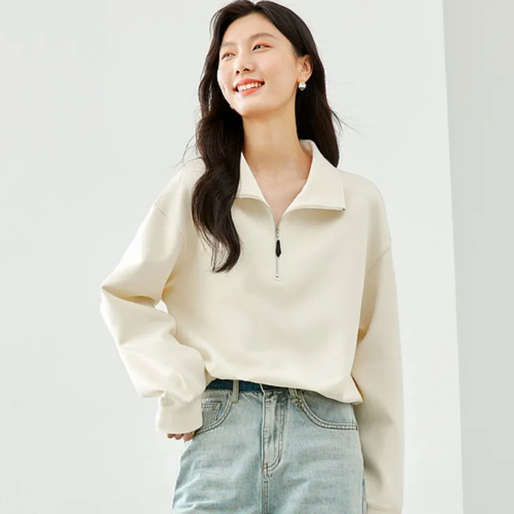 春装新款半拉链纯色套头卫衣女长袖翻领短款宽松休闲百搭棉质上衣