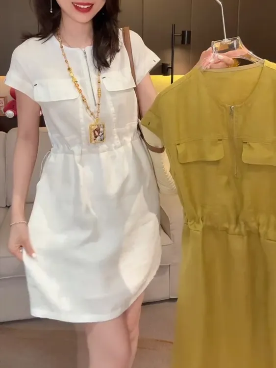 夏季新款时尚洋气减龄抽绳收腰连衣裙短袖宽松显瘦百搭气质女裙
