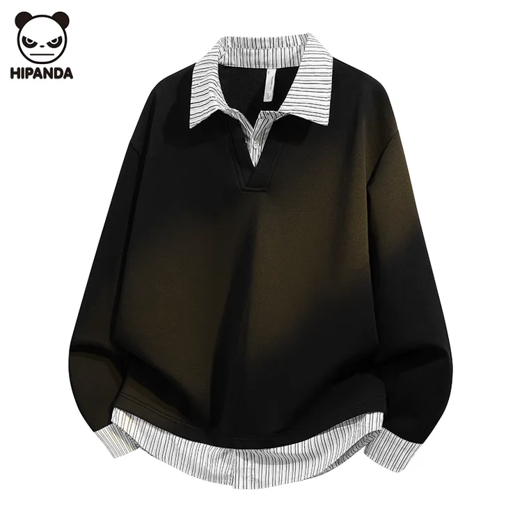 Hi Panda潮牌条纹假两件卫衣男装秋季衬衫360G加大款百搭宽松长袖