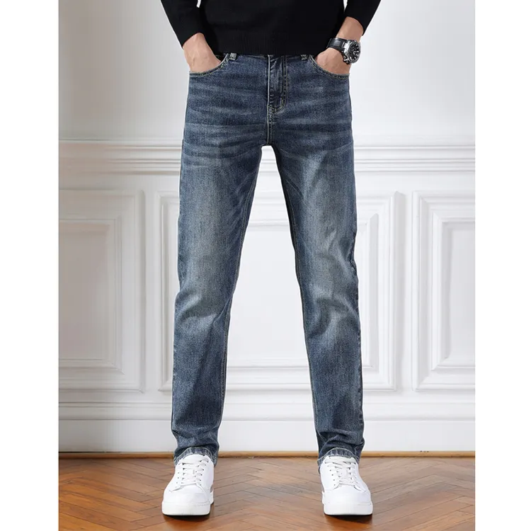 蓝灰修身小脚弹力水洗商务休闲新塘加绒牛仔裤2025秋冬新款男高端
