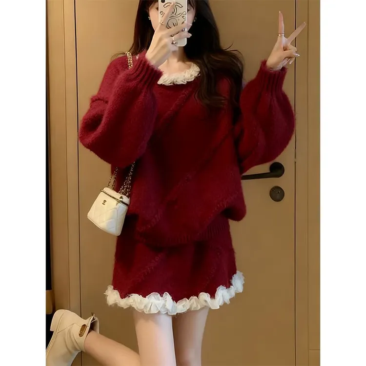 针织套装女2025新款秋冬慵懒风穿搭套装上衣短裙两件套毛衣#0001