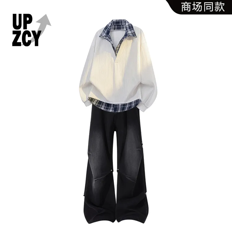 UPZCY美式街头复古痞帅感卫衣套装2025年秋冬男士新款宽松牛仔裤