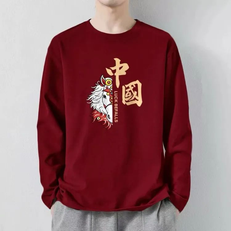 2026红色纯棉长袖圆领宽松T恤休闲大码百搭上衣年款