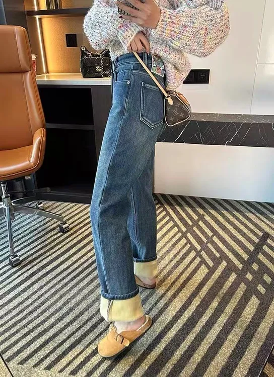 四面弹蓝色窄版阔腿牛仔裤女冬季新款大码高腰显瘦百搭加绒直筒裤